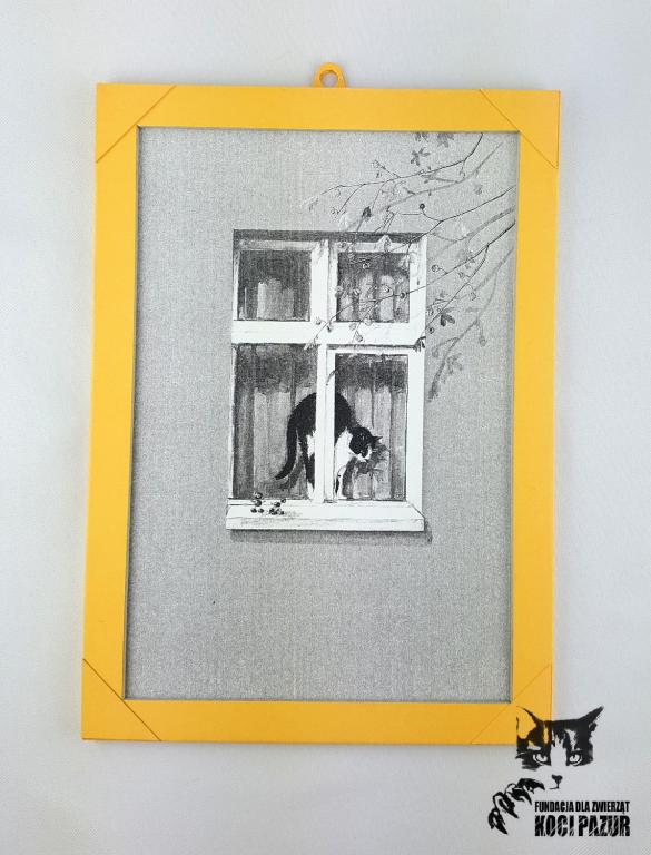 Obrazek z kotem, czarno-biały, ramka żółta