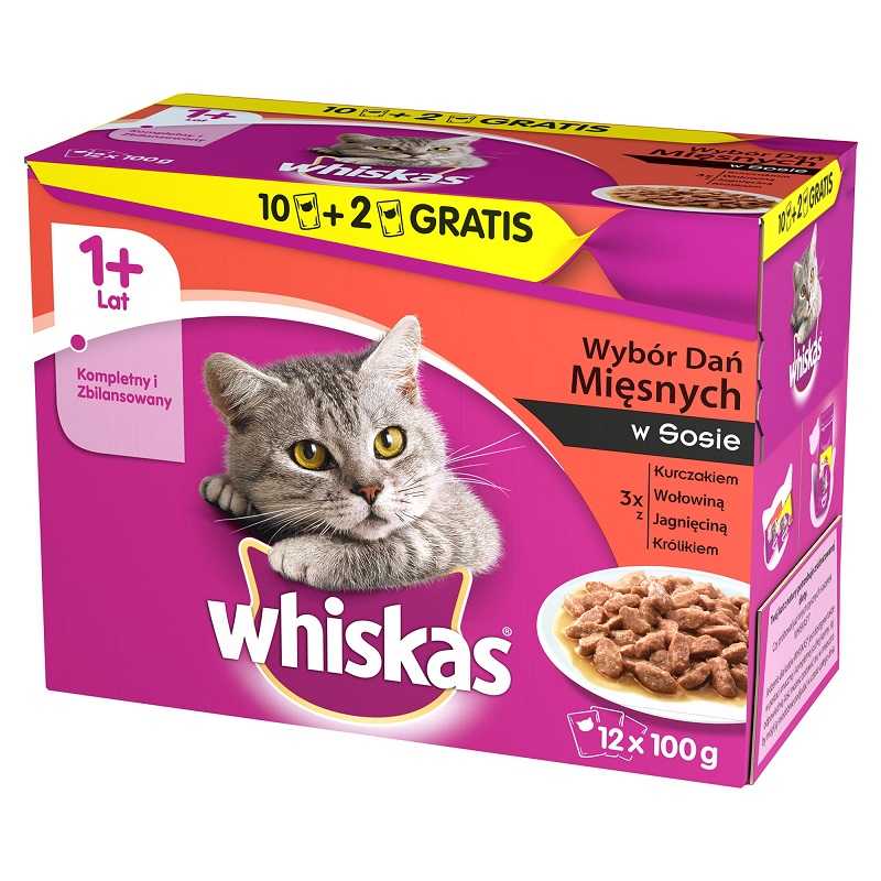 WHISKAS Mięsne dania w sosie 48x100g GRATIS