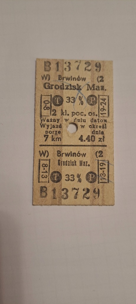 BILET KARTONIKOWY KOLEJOWY PKP BRWINÓW - GRODZISK MAZOWIECKI / PIASTÓW PRL