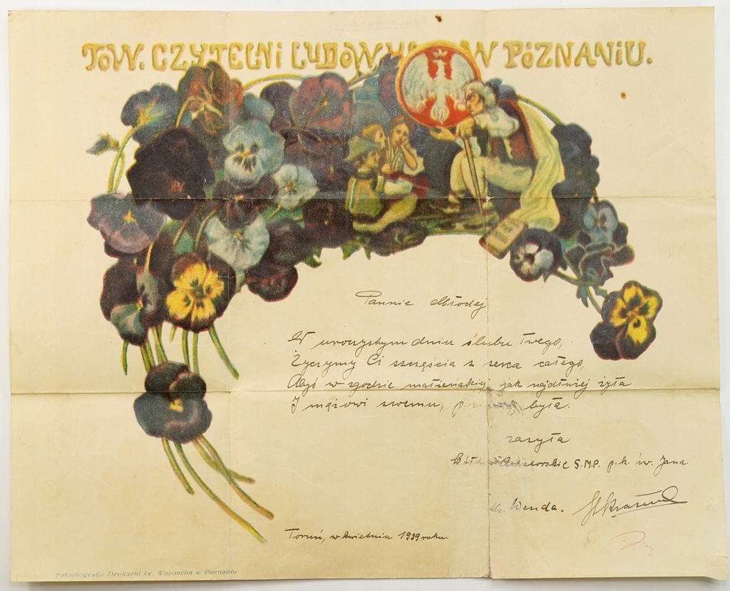 Telegram Patriotyczny Poznań Tow. Czytelni Ludowych Litografia Orzeł 1929 r