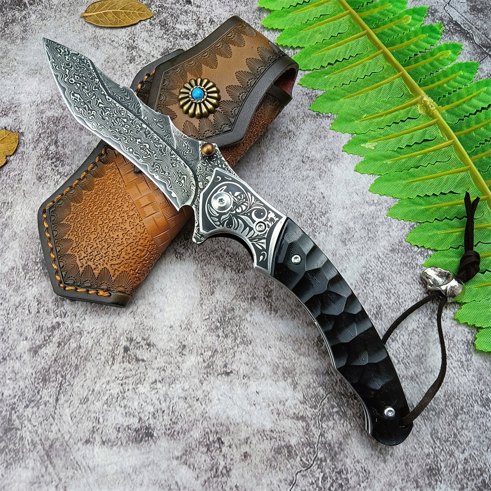 Folding Pocket Knife Damascus Steel Blade