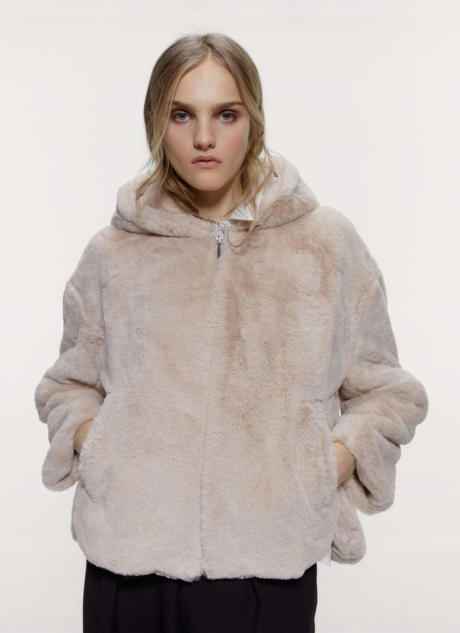 ZARA PIĘKNE BEŻOWE FUTERKO Z KAPTUREM __ 38/M - 12259984029