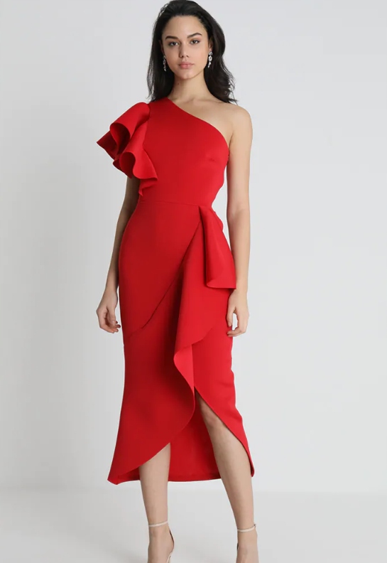 true violet exclusive one shoulder frill wrap dress in red