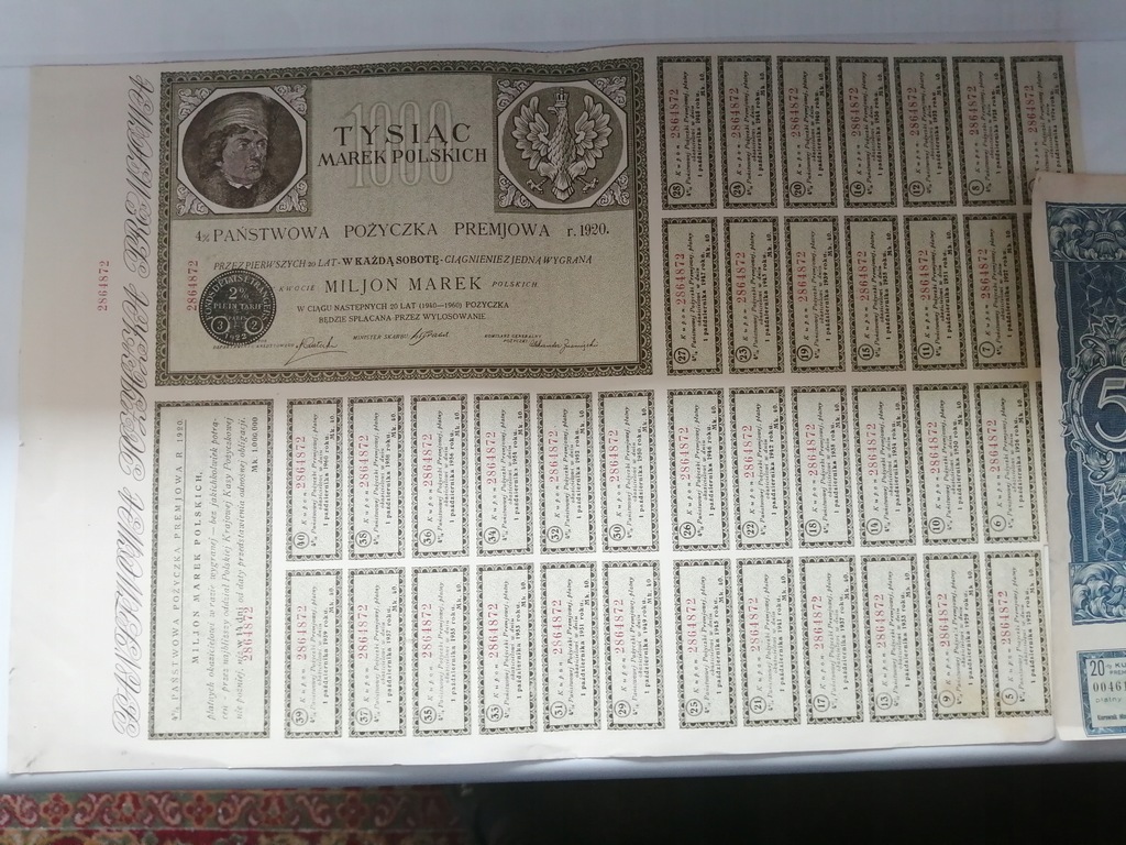 POŻYCZKA 1000 MAREK POLSKICH 1920 + 5 DOLARÓW 1931