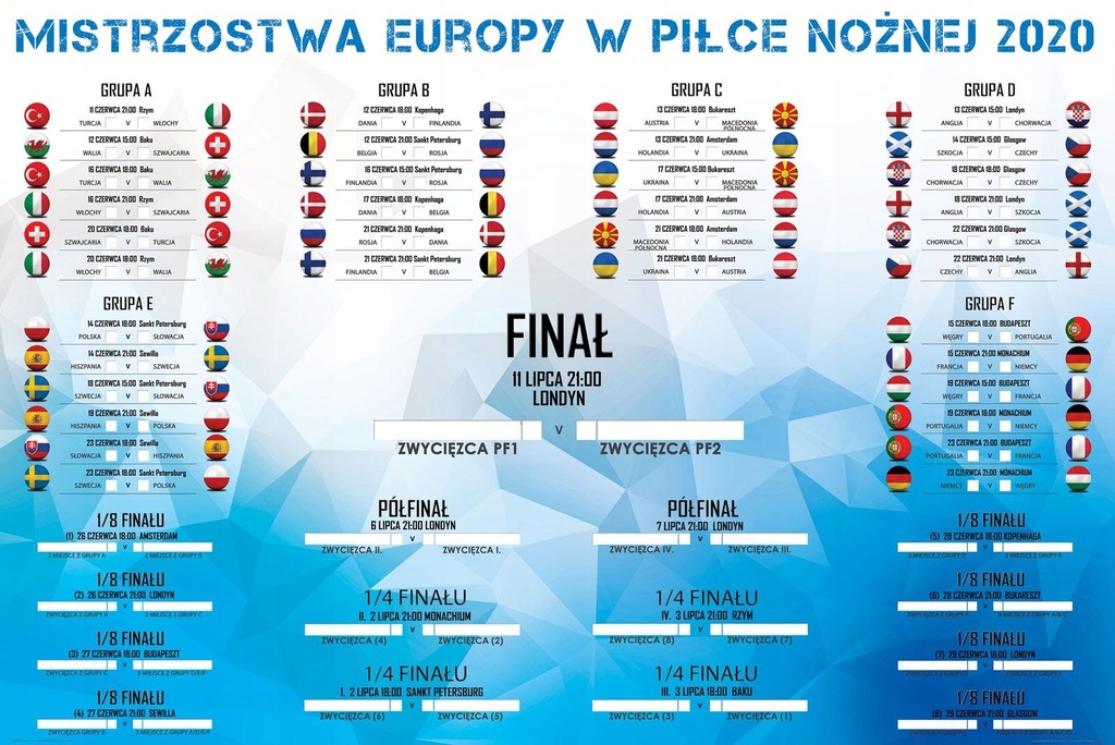 Euro 2021 Tabela terminarz plakat 91,5x61 cm 2020