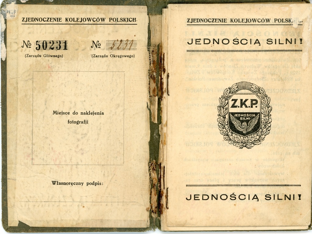 Legitymacja Zjednoczenia Kolejowców Bydgoszcz 1929
