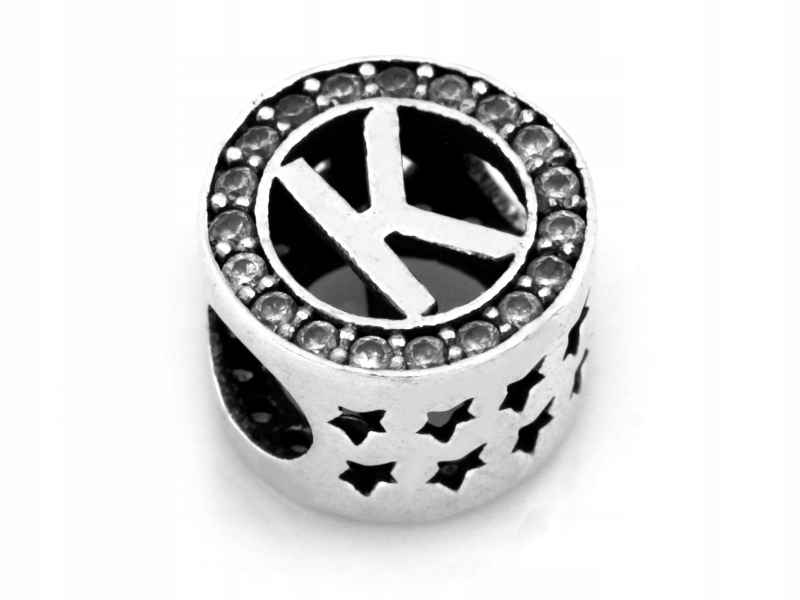 Srebrna zawieszka charms 925 beads z literką K białe cyrkonie prezent