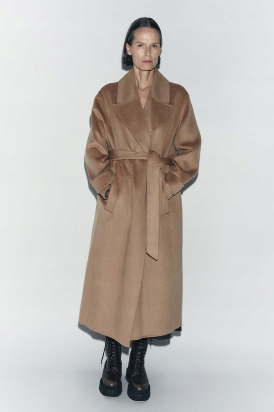 PŁASZCZ ZARA EXCLUSIVE WEŁNA CAMEL WIĄZANY *S* OVERSIZE