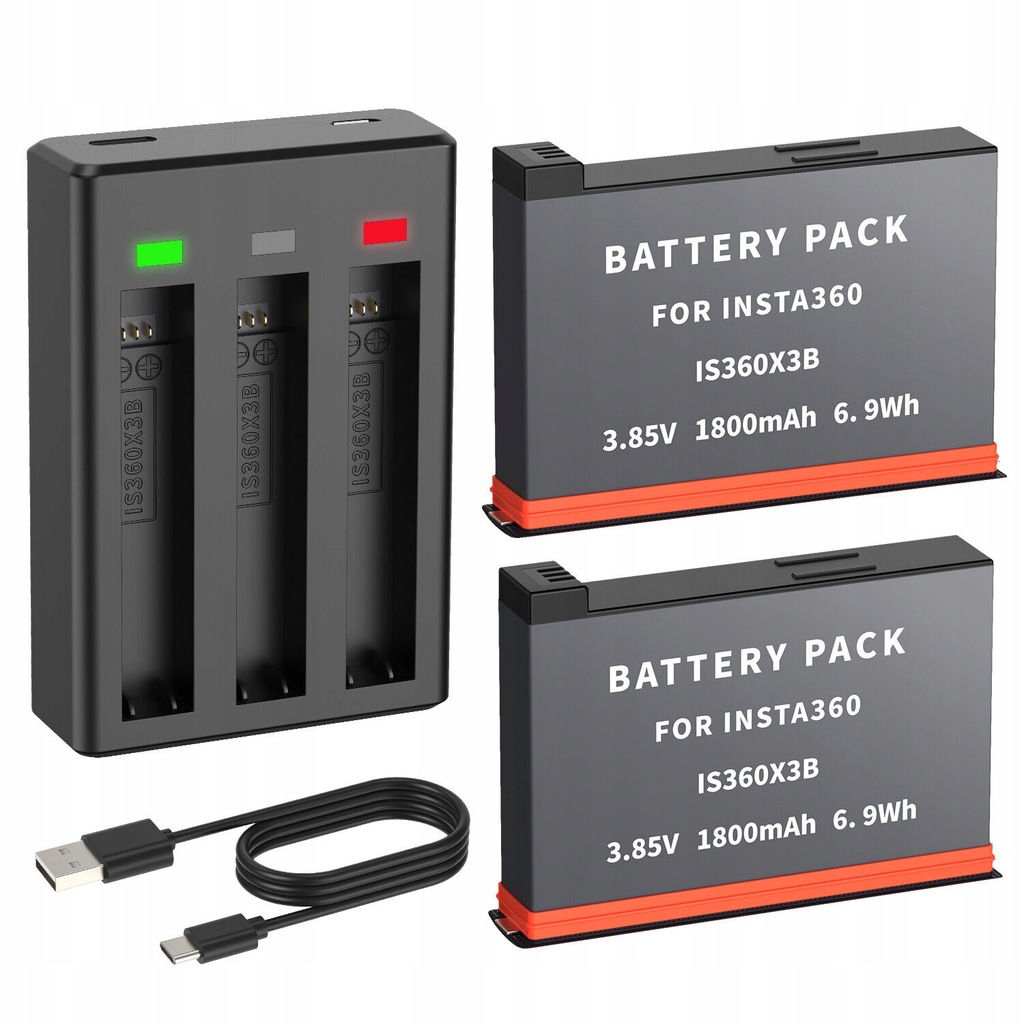 2 BATERII I ŁADOWARKA DO KAMER AKCJI INSTA360 X3 1800 MAH 6.93 WH 3,85 V