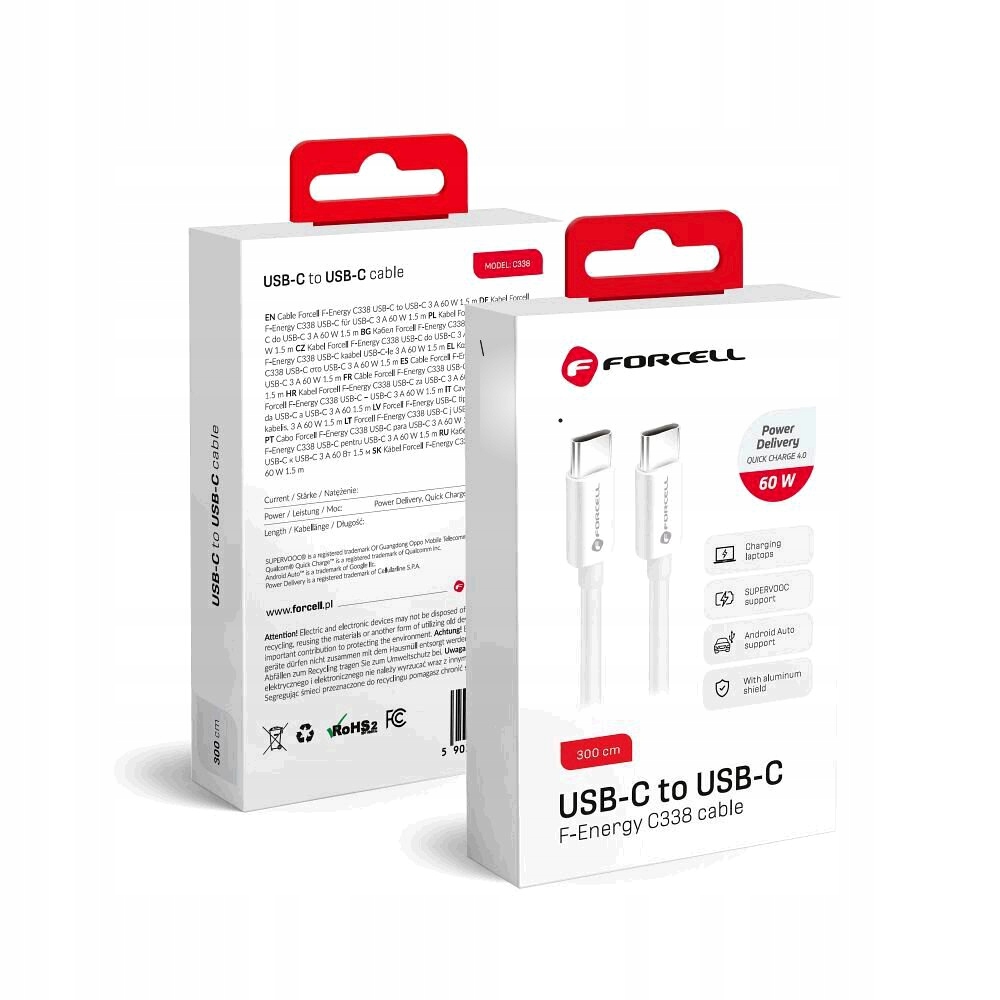 Forcell kabel Typ C do Typ C QC4.0 3A/20V PD60W C338 3m biały