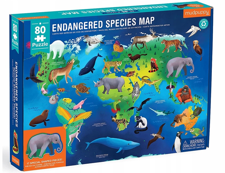 MUDPUPPY Puzzle Edukacyjne Zagrożone Gatunki 80 Elementów Zwierzęta Świat