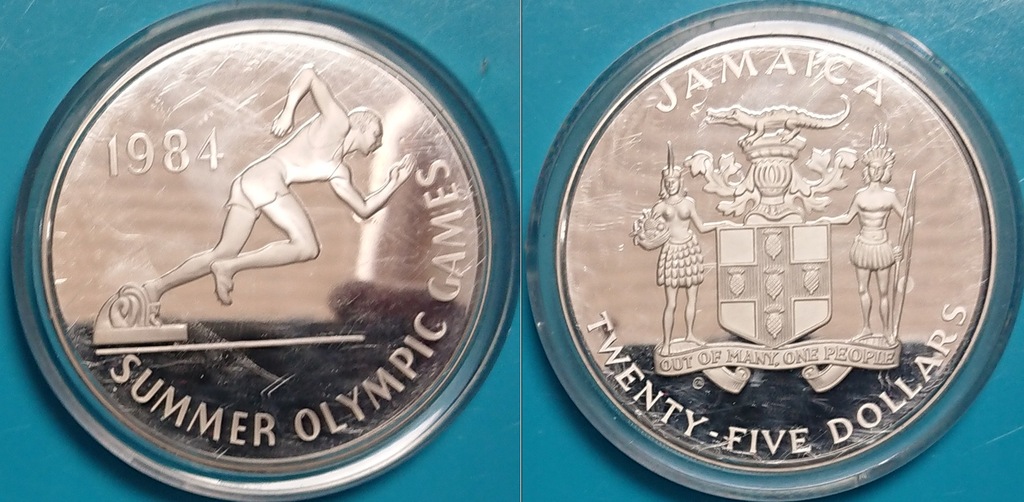 Jamajka 25 dolarów 1984r. Igrzyska w Los Angeles srebro 136,08 grama !!!