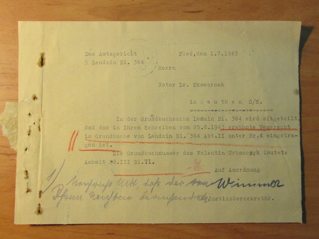 Dokument Niemcy Bytom-Pszczyna 1943 r. (9)