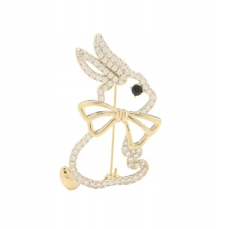 Vintage Crystal Hollow Bunny Brooches for Women Cute Bow Rhinestone Rabbit