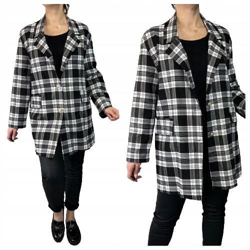 STYLOWA MARYNARKA ŻAKIET DAMSKI Z KLAPAMI W KRATĘ PLUS SIZE 46-52