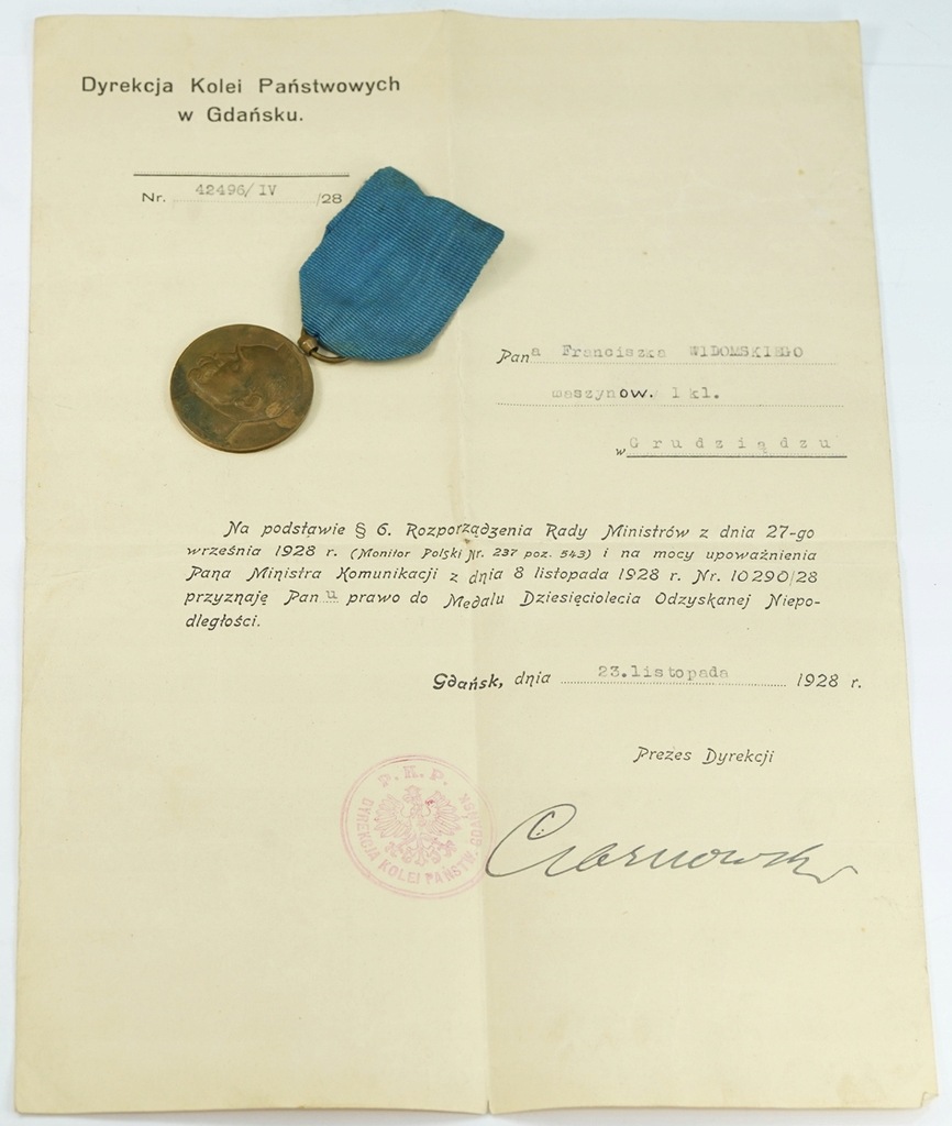 IIRP Medal Dziesięciolecia Piłsudski Oracz Dyplom