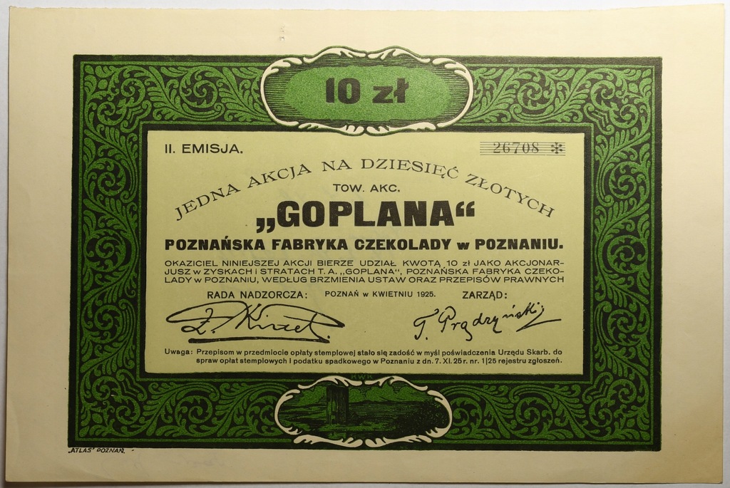 125. Polska, GOPLANA, jedna akcja na 10 złotych 1925, II emisja