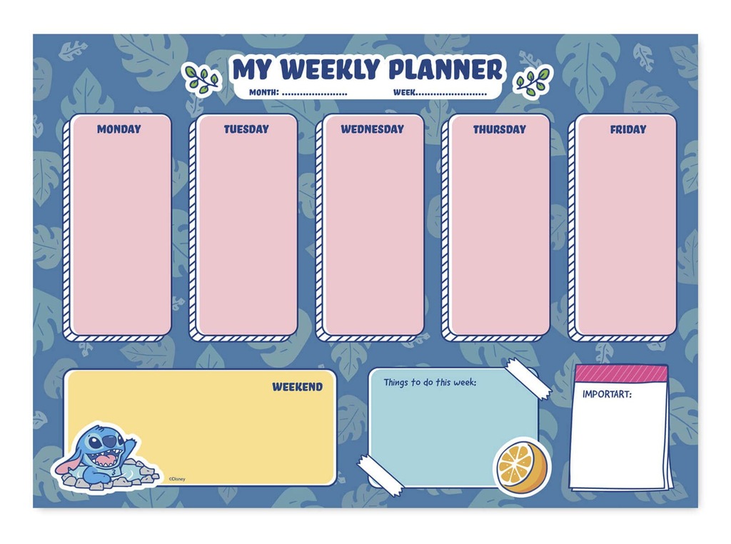 Planer tygodniowy A4 Disney Stitch plan lekcji