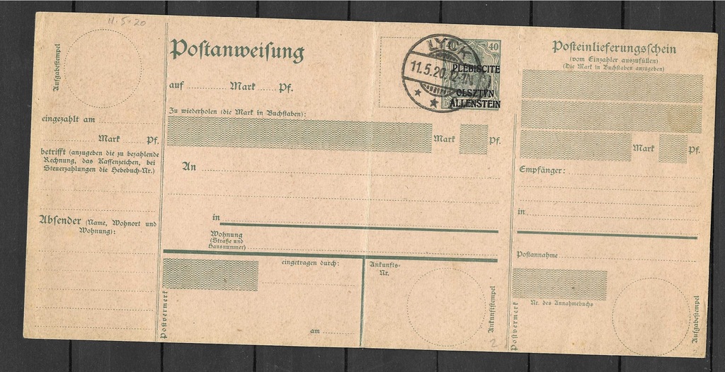 Olsztyn, Allenstein, przekaz pocztowy Cpt 1