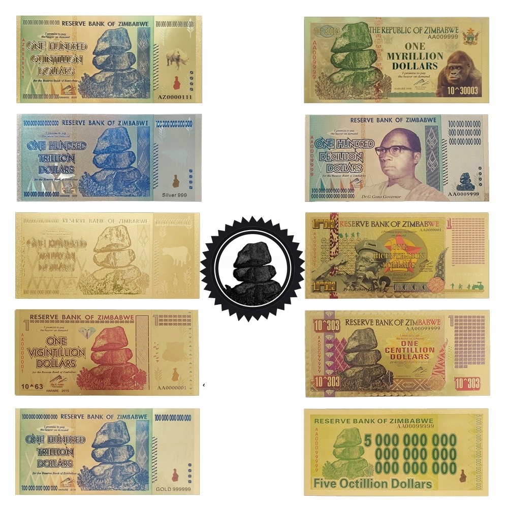 Zestaw 10 pozłacanych banknotów Zimbabwe GOLD