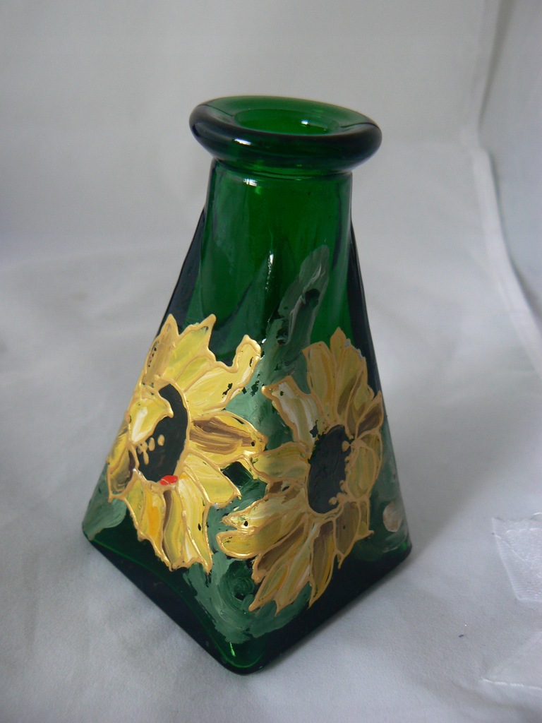 Buteleczka kwadratowa zielone szkło słoneczniki