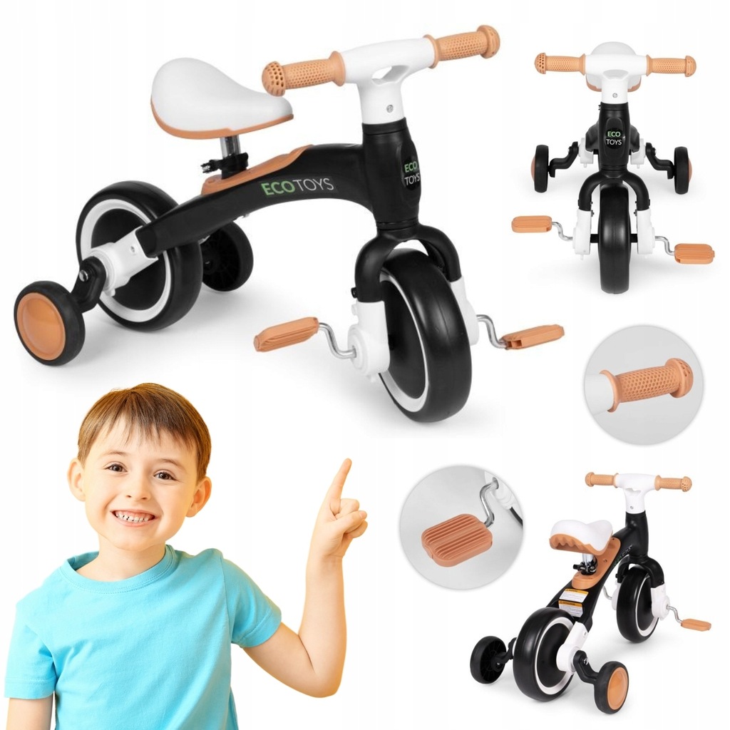 ROWEREK BIEGOWY DLA DZIECI Z PEDAŁAMI KÓŁKA BOCZNE 3W1 ECOTOYS - CZARNY