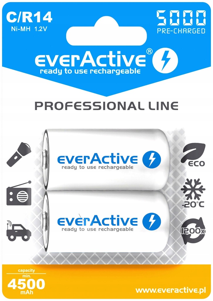 2 AKUMULATORKI R14 C everActive 5000 mAh REALNE