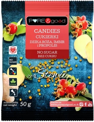 Cukierki landrynki dzika róża imbir propolis bez cukru 50g PURE&GOOD