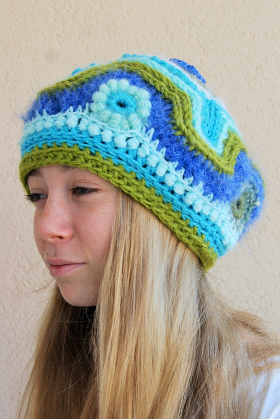 Czapka, beret freeform crochet, blue