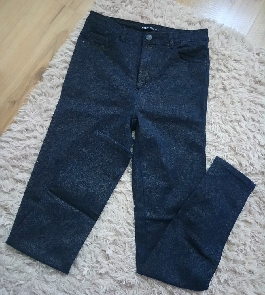 Spodnie skinny granat złoto kwiaty cropp s/36