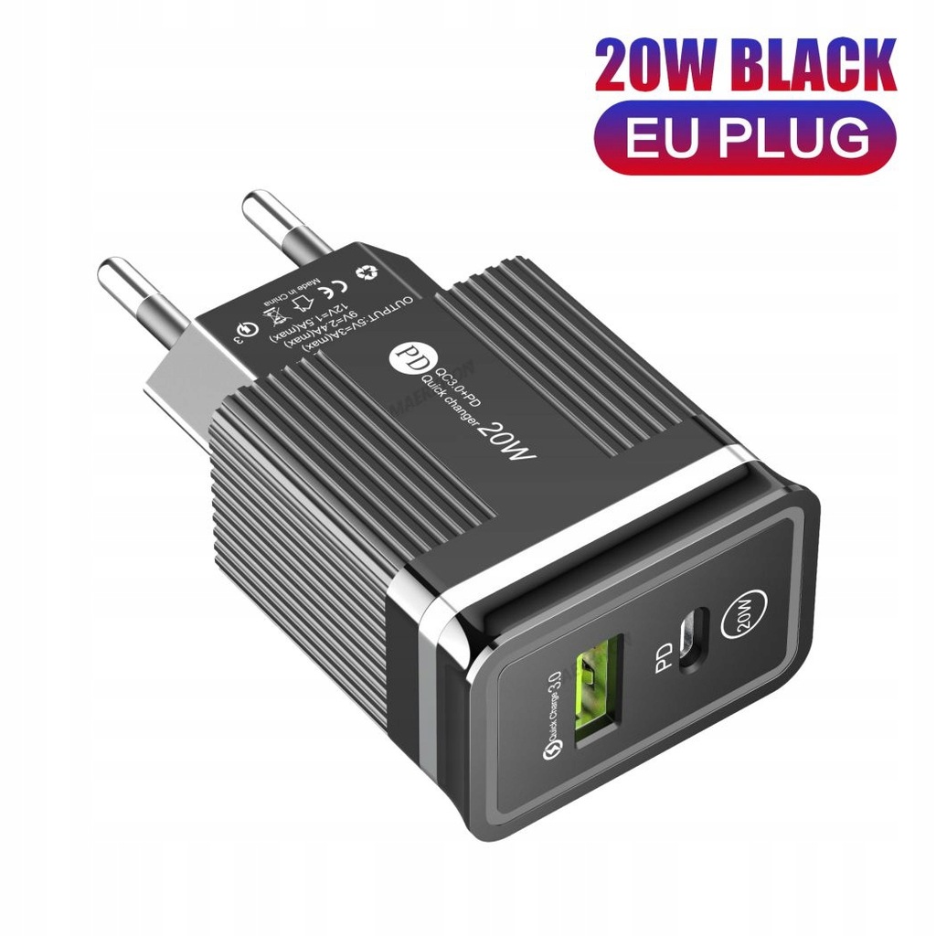 Black 20W Fast Chargers QC 3.0 USB PD Quic Charger