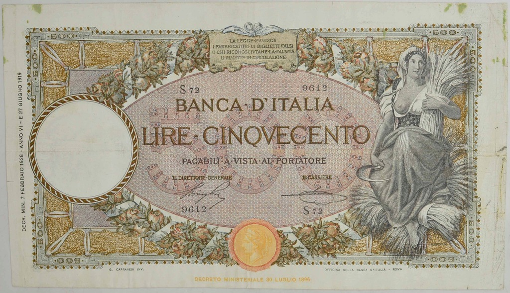 12.di.Włochy, 500 Lirów 1928 rzadki, St.3+