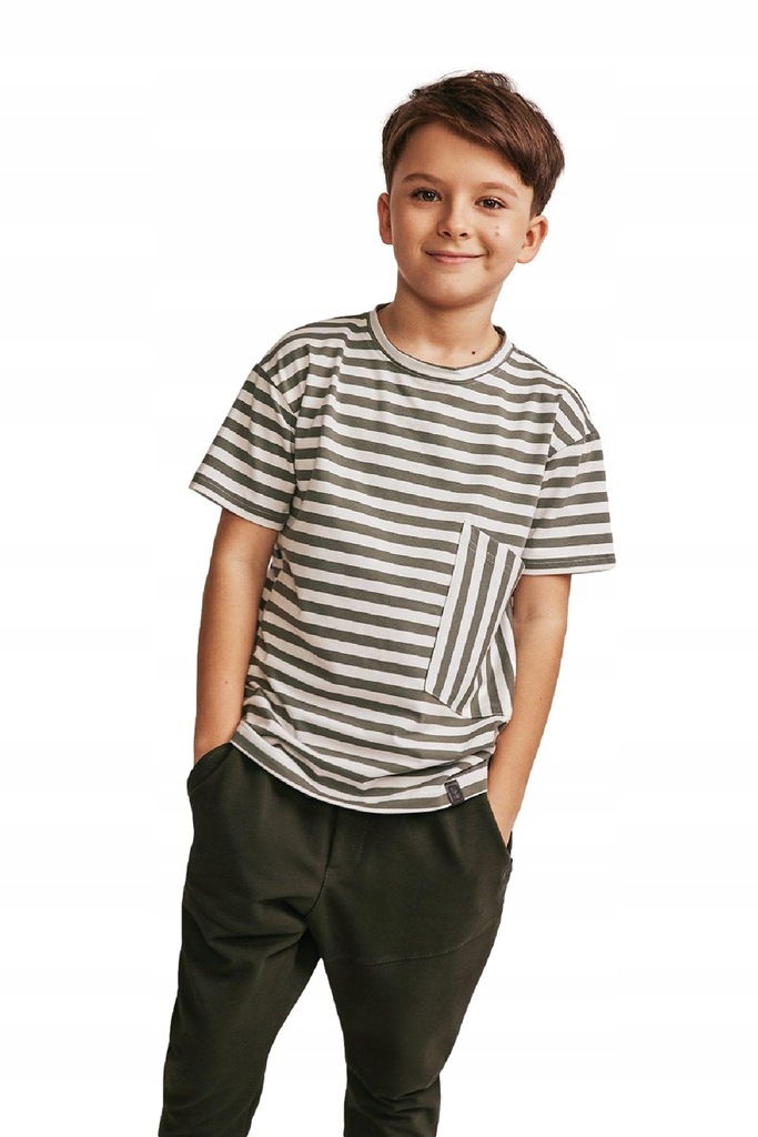 All for kids T-shirt paski białe khaki bawełna 128 134