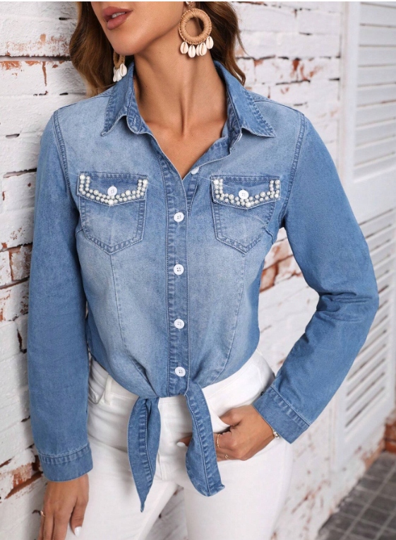 SHEIN KOSZULA DAMSKA JEANSOWA DŁUGI RĘKAW KORALIKI L 552