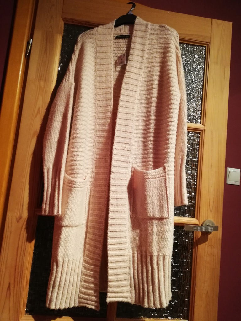Długi sweter kardigan płaszcz narzuta jasny róż M