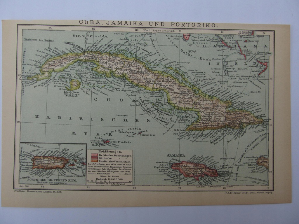 KARAIBY KUBA JAMAJKA PORTORYKO mapa 1912 r.