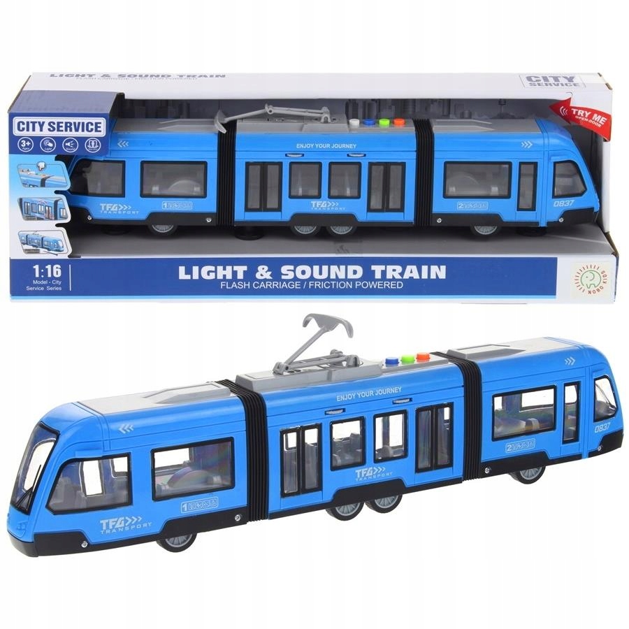 TRAMWAJ PRZEGUBOWY NIEBIESKI ŚWIATŁO DŹWIĘK DRZWI