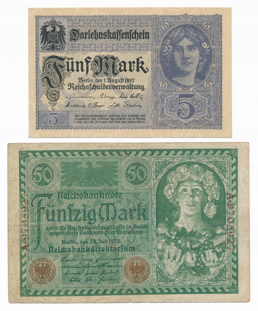 Niemcy, 5 marek 1917, 50 marek 1920, Zestaw 2 sztuki