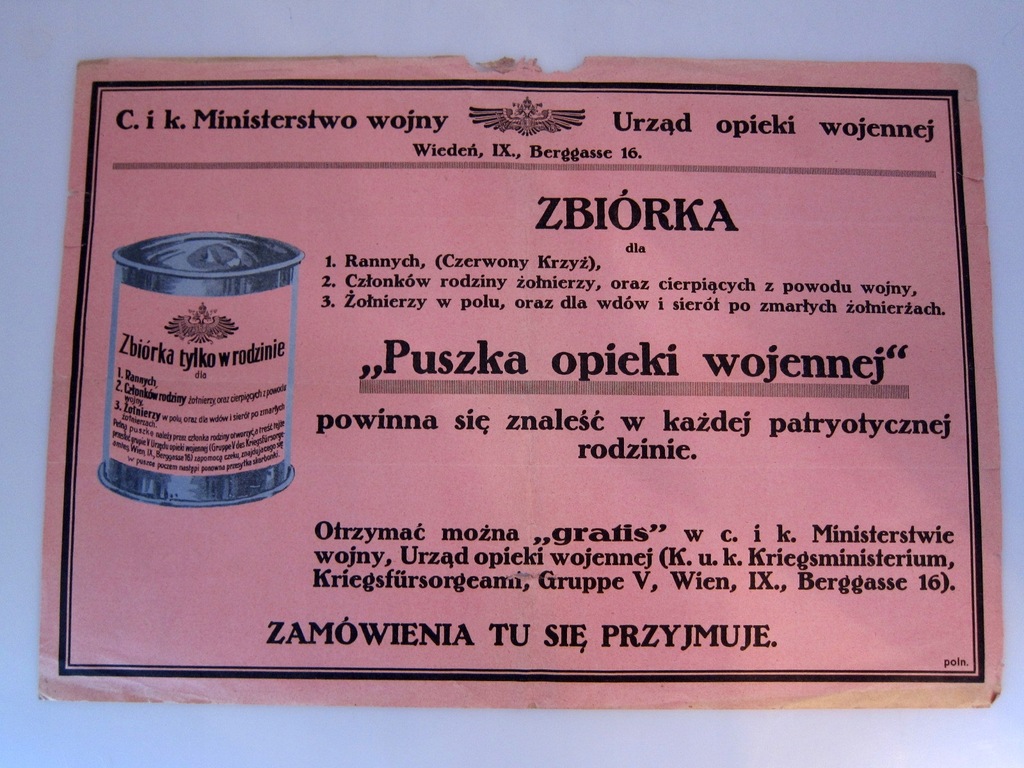 Plakat ulotka I Wojna afisz CK Minsterstwo Wojny