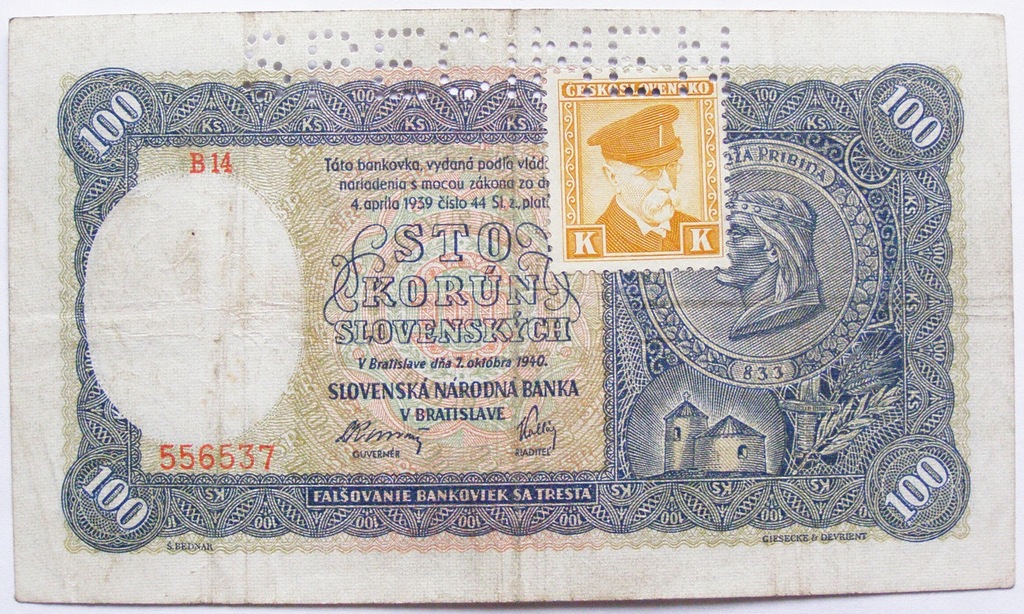 100 koron 1940 r.Słowacja znaczek ,rzadki SPECIMEN