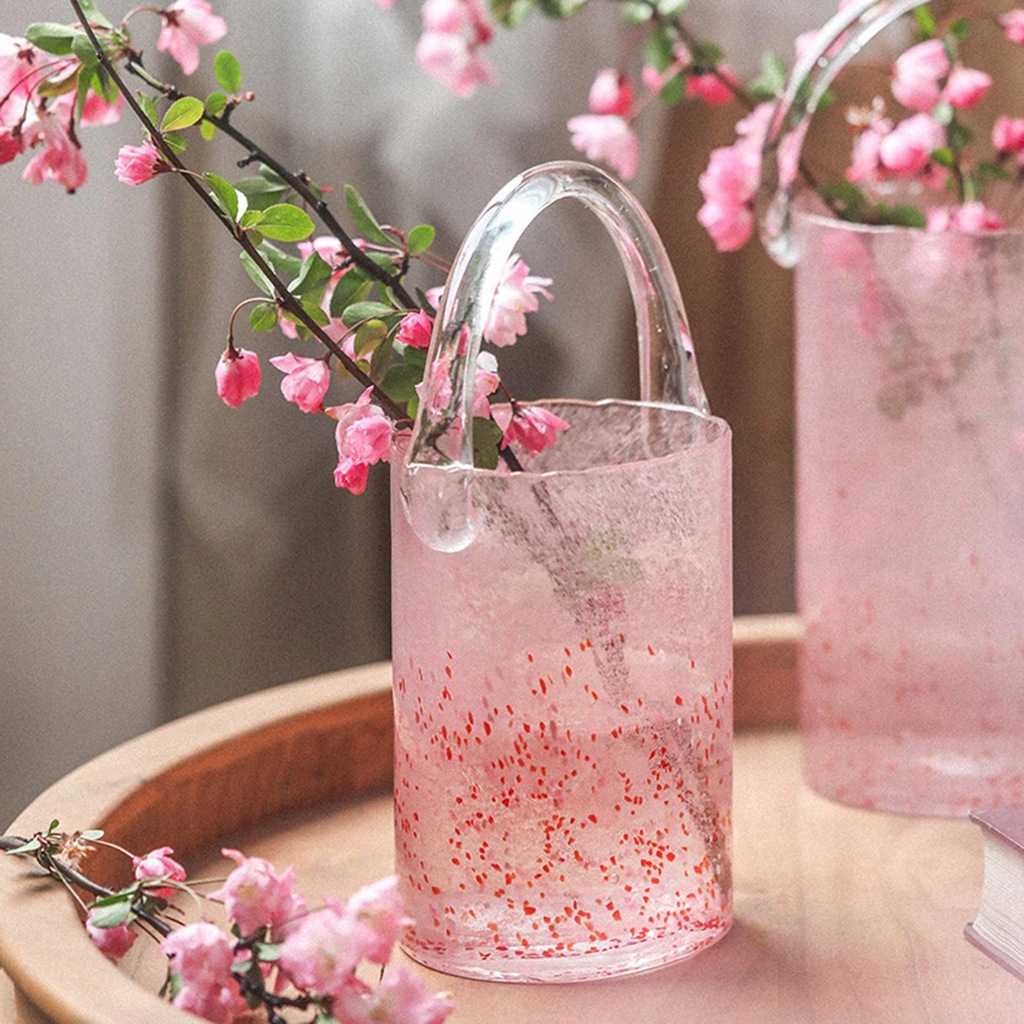 Glass Bag Vase Shopping Basket with Handle Cherry Pink Medium Bucket