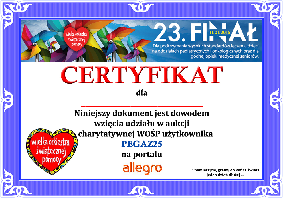 CERTYFIKAT 23 FINAŁU WOŚP - LICYTUJ