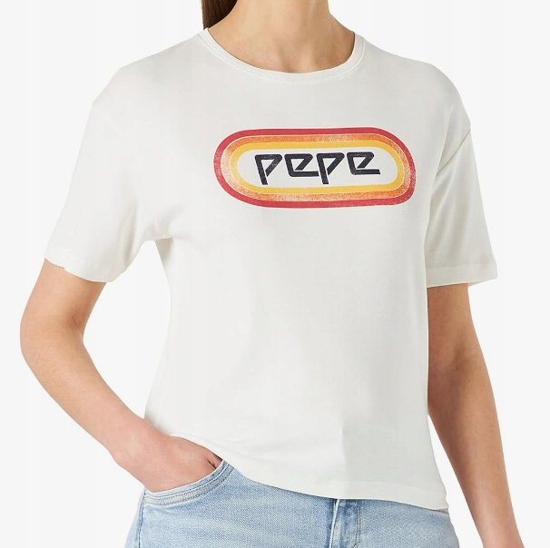 Pepe Jeans biały bawełniany t-shirt logo w kolorowej elipsie krótki rękaw M