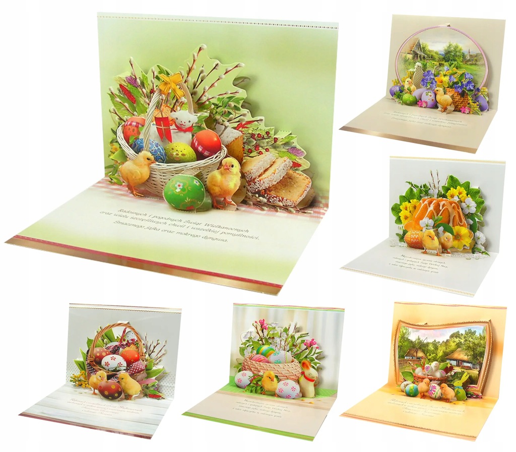 Duże Przestrzenne Kartki Wielkanocne 3D z Życzeniami Wzory z Pisankami 6szt