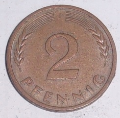 2 fenig- Pfennig - Niemcy - litera J - niemieckie groszówki - 1968 rok