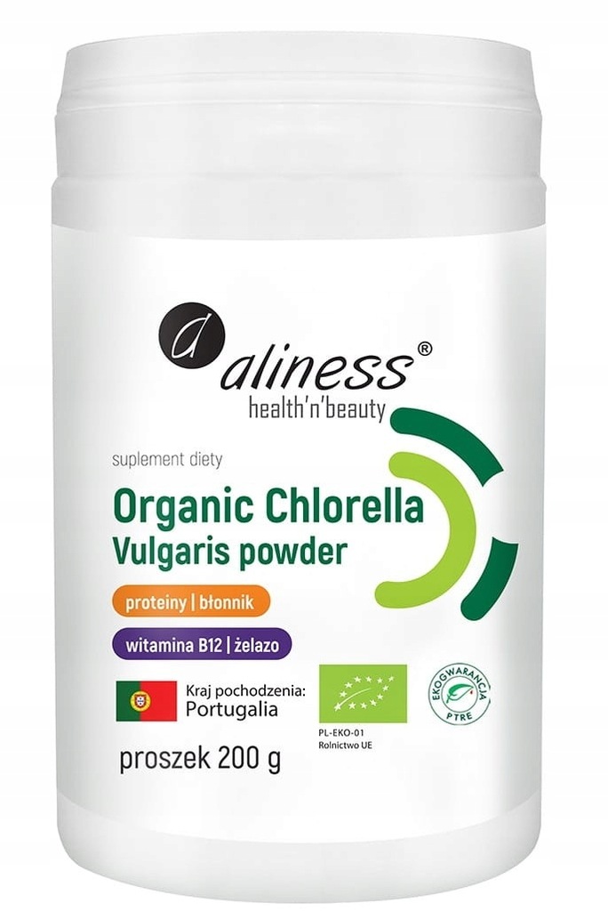 ORGANIC CHLORELLA VULGARIS PROSZEK 200G ODPORNOŚĆ ŻELAZO ALINESS