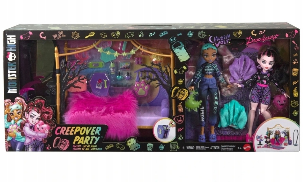 MONSTER HIGH ZESTAW PIŻAMOWE PARTY Z CLAWDEEN WOLF I DRACULAURA HPW80