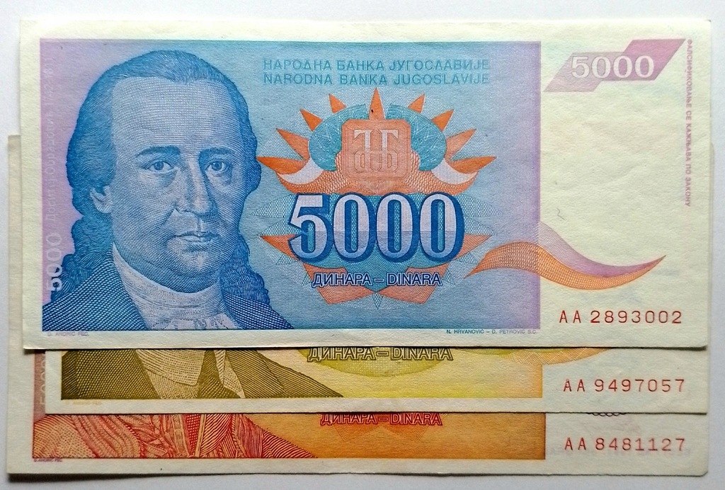 Jugosławia zestaw banknotów 3 sztuki seria AA