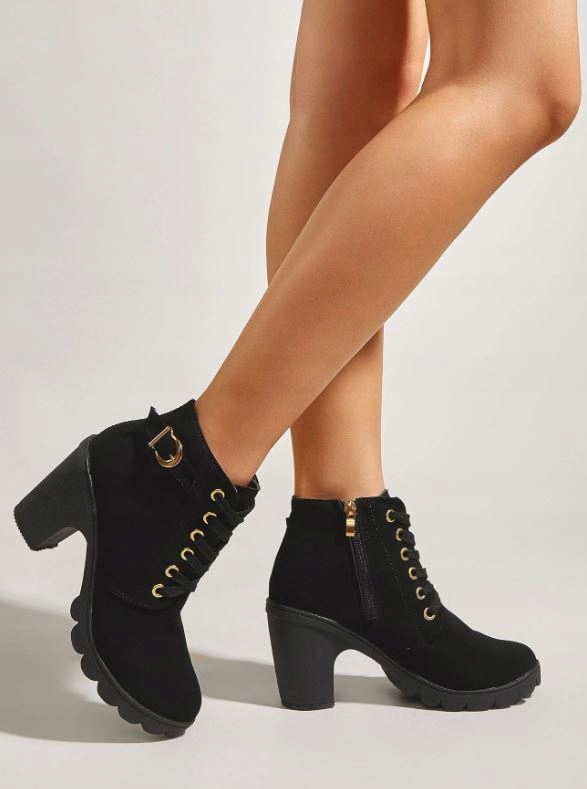 SHEIN BOTKI DAMSKIE NA OBCASIE CZARNE Z ZAMKIEM SZNUROWANE 40 104