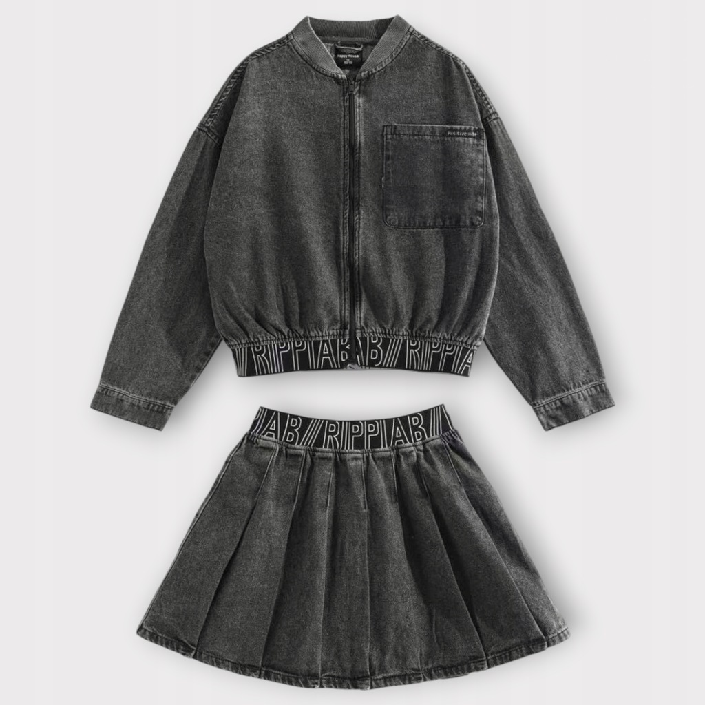 Komplet jeans dla dziewczynki bluza katana bomber spódnica plisowan 134 140